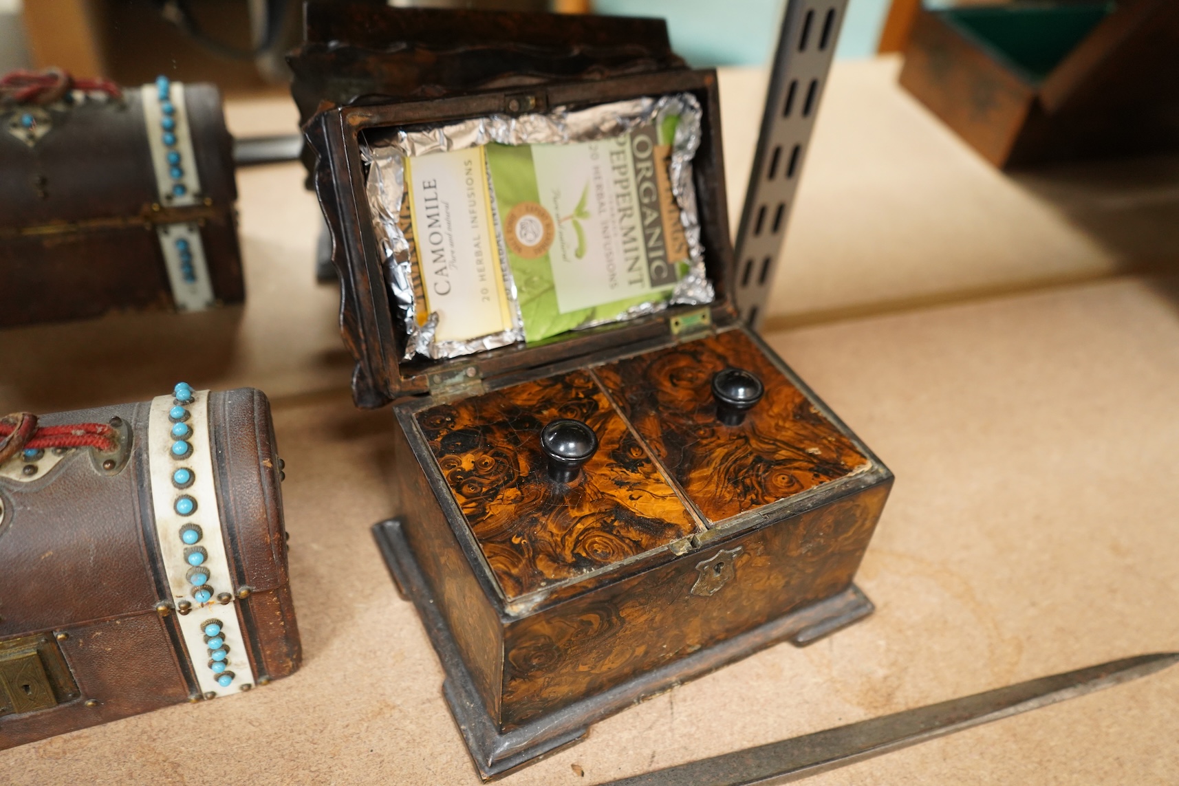 A 19th century brass mounted bayonet together with a tea caddy and a domed casket (a.f)